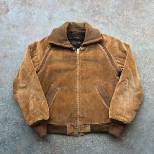 Vintage 60s 70s Corduroy Bomber Jacket Faux Fur Lined Camel Tan Talon Zip Mens